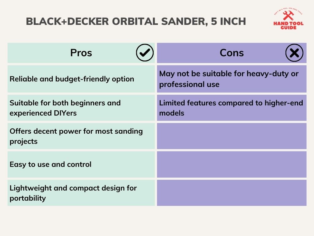 Black+Decker Orbital Sander, 5 Inch Comparison Table List