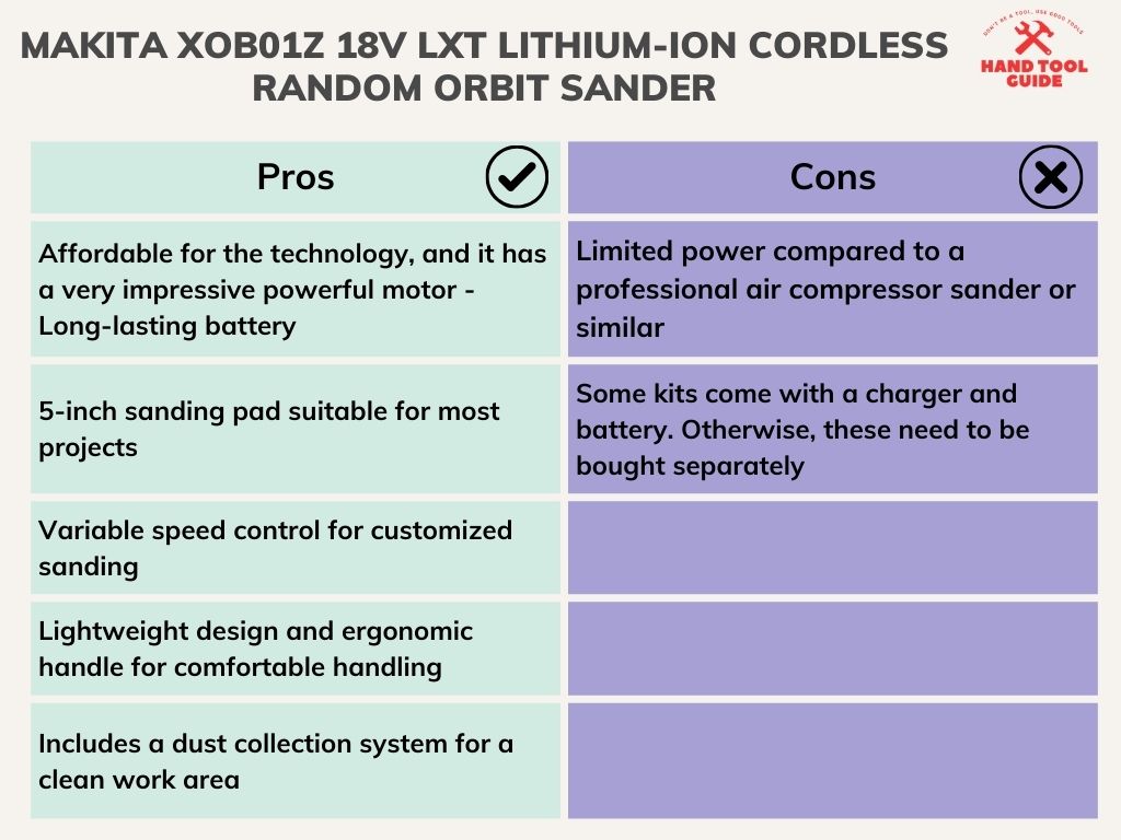 Makita XOB01Z 18V LXT Lithium-Ion Cordless Random Orbit Sander Comparison Table List