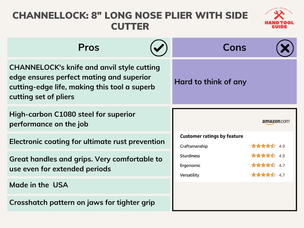 Channellock 8" Long Nose Plier with Side Cutter Pros and Cons